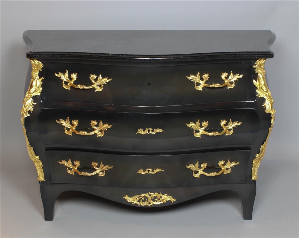 Appraisal: LOUIS XV STYLE EBONIZED AND GILT DECORATED BOMBE COMMODE WITH