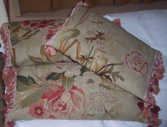 Appraisal: Three Aubusson tapestry covered cushions with tassel fringes cm wide