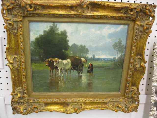 Appraisal: th Century Oil on Canvas farmers filling a water cart