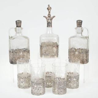 Appraisal: Group German style silver and etched glass barware th c