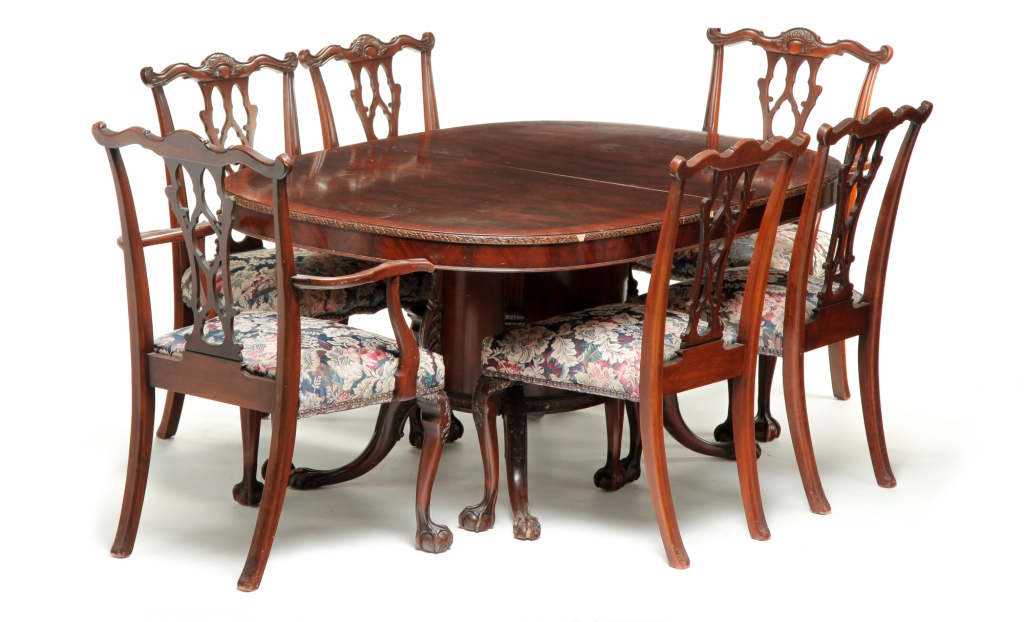 Appraisal: AMERICAN CHIPPENDALE STYLE TABLE AND SIX CHAIRS Mid th century