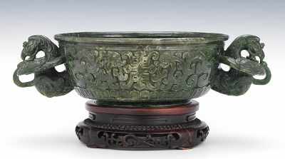 Appraisal: A Spinach Jade Carved Bowl on Stand Heavy carved bowl