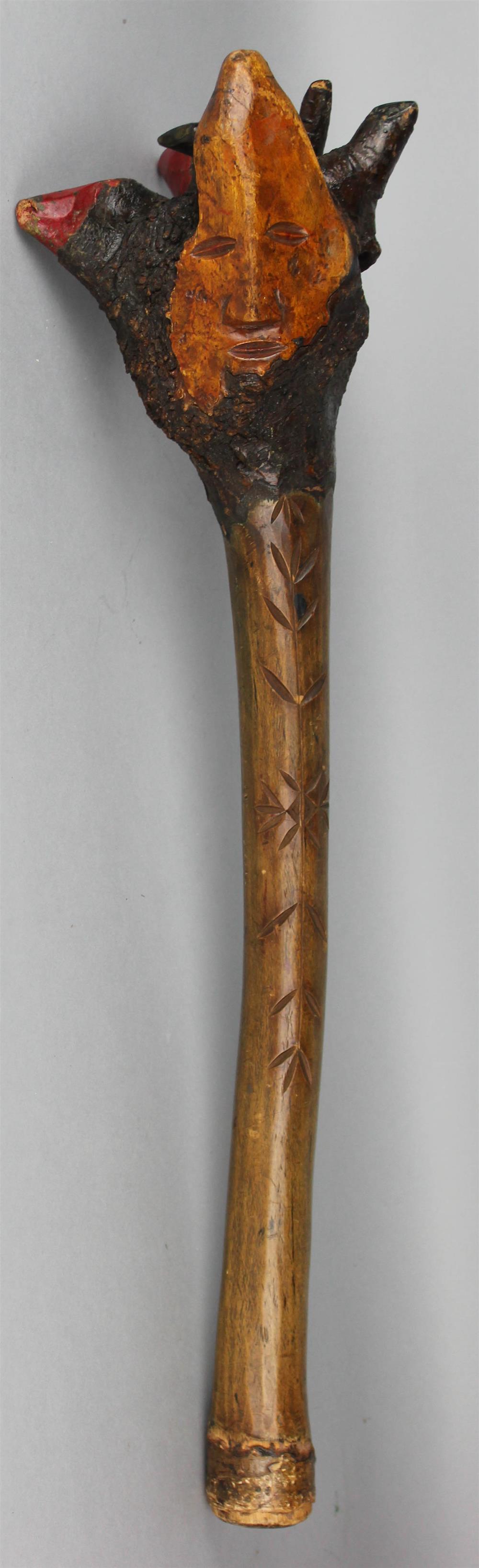 Appraisal: NATIVE AMERICAN POLYCHROME WOOD CLUB Penobscot root club incised foliate