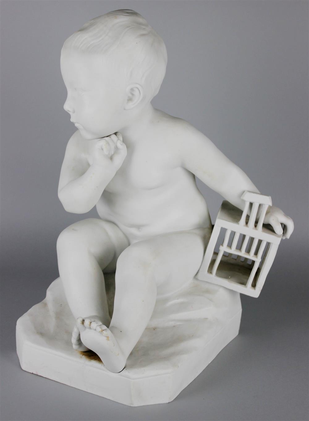 Appraisal: CONTINENTAL WHITE BISCUIT FIGURE OF A BOY HOLDING A BIRD