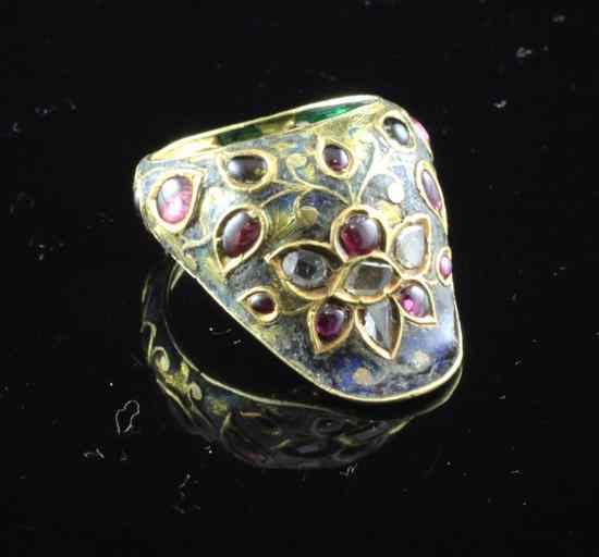 Appraisal: A th century Indian enamelled gold cabochon ruby and rose