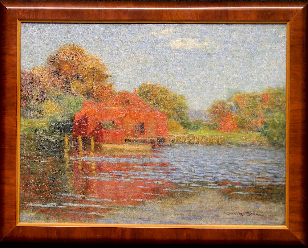 Appraisal: American School Signed Painting of Lake House American School Signed