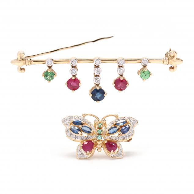 Appraisal: Two Gold and Gem-Set Brooches To include a butterfly motif