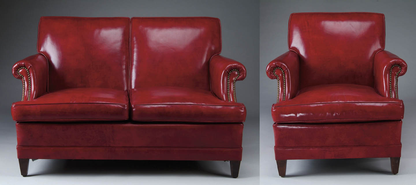 Appraisal: TWO PIECE RED LEATHER PARLOR SET Set consists of Two