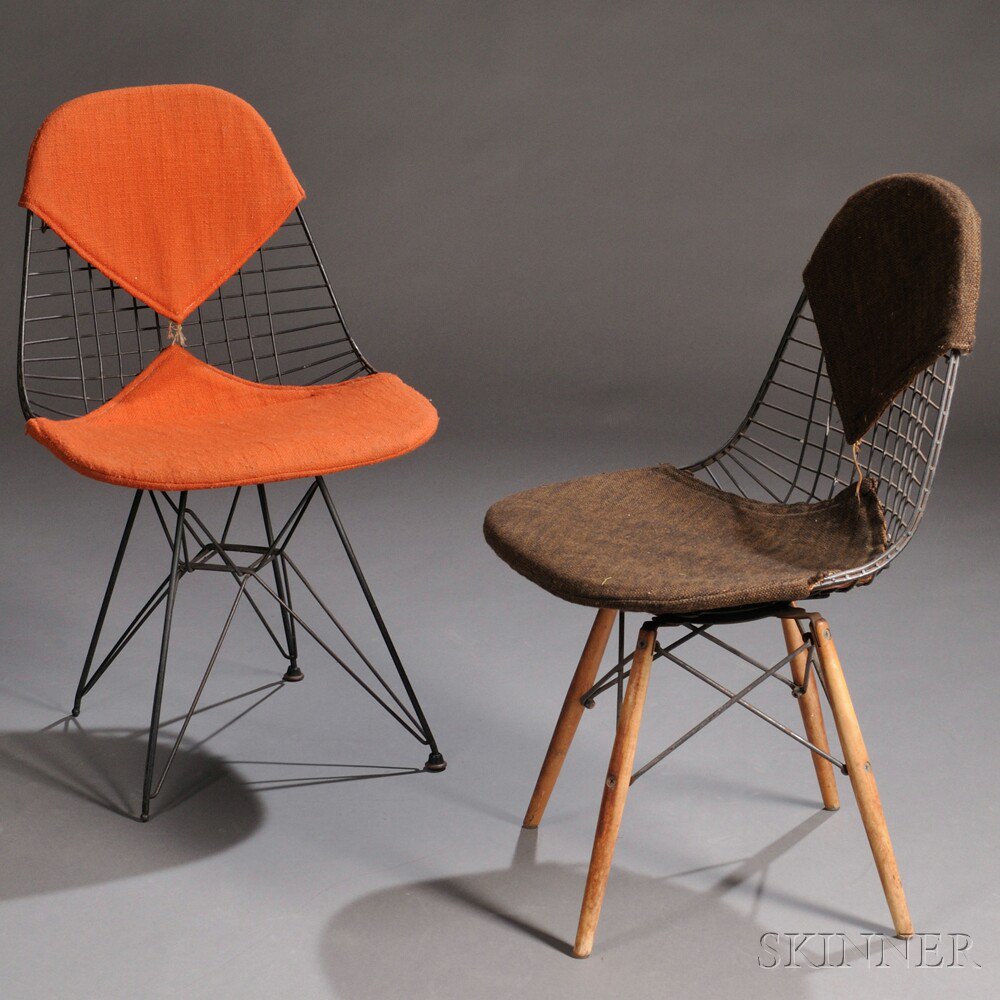 Appraisal: Two Eames Wire Chairs Enameled steel wool birch Herman Miller