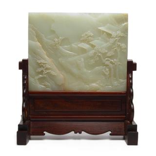 Appraisal: A Fine Jade Table Screen The thick plaque carved in