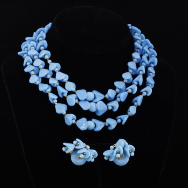 Appraisal: Miriam Haskell pc Multi-strand Blue Necklace Clip Earrings