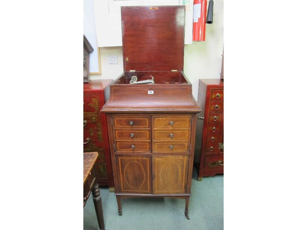 Appraisal: Edwardian mahogany inlaid gramophone cabinet