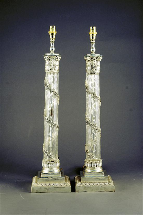 Appraisal: Pair silverplate and cut-glass lamps cross-hatched glass standard with Classical