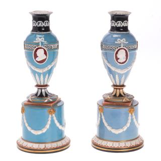 Appraisal: Pair Wedgwood Victoria Ware vases and stands Pair Wedgwood Victoria