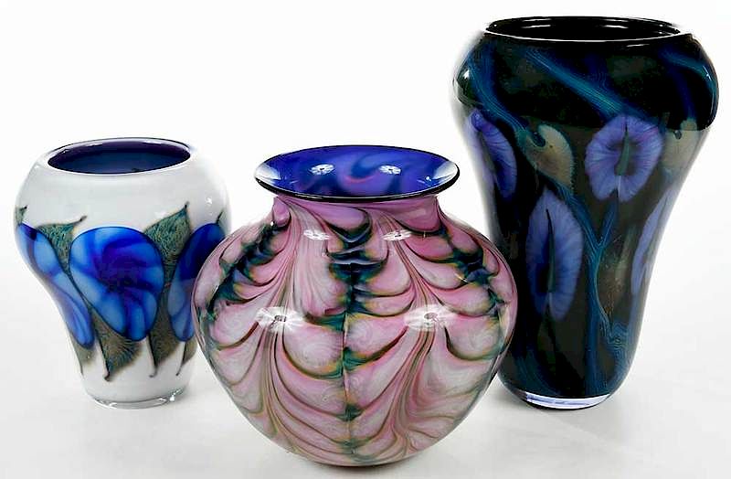 Appraisal: Three Lotton Art Glass Floral Motif Vases American th century