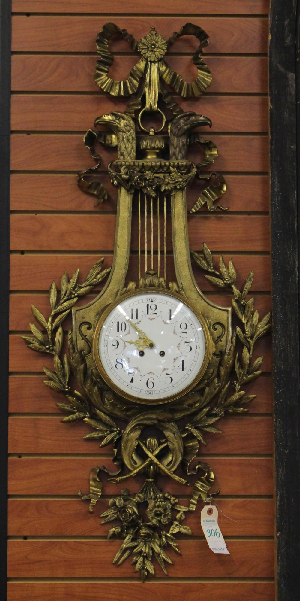 Appraisal: GILT BRONZE LYRE CASE WALL CLOCK French th century with