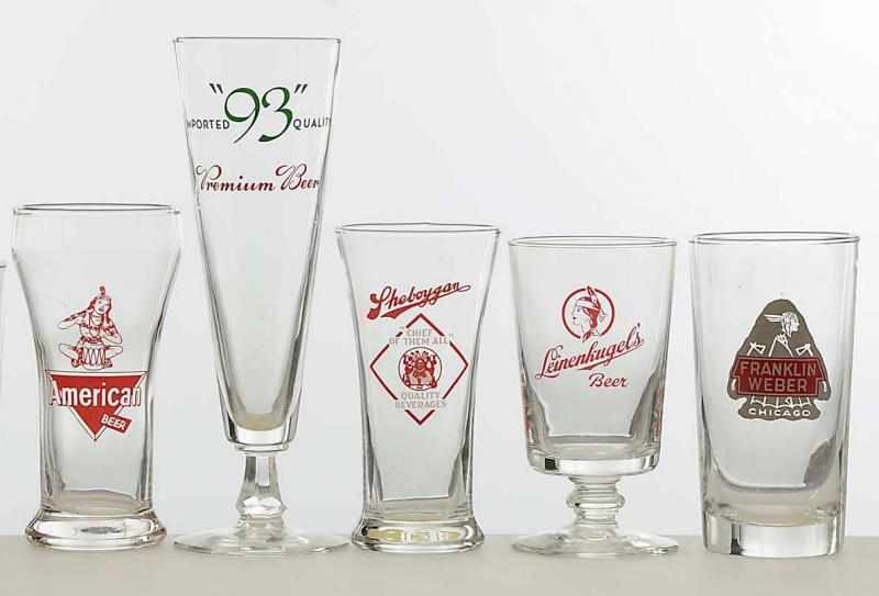 Appraisal: Lot of Enameled Beer Glasses Includes a rare Sheboygan Leinenkugel's