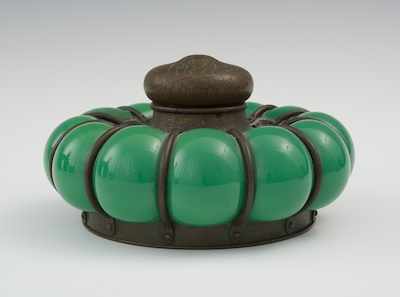 Appraisal: A Large Tiffany Studios Green Glass Inkwell Green glass blown