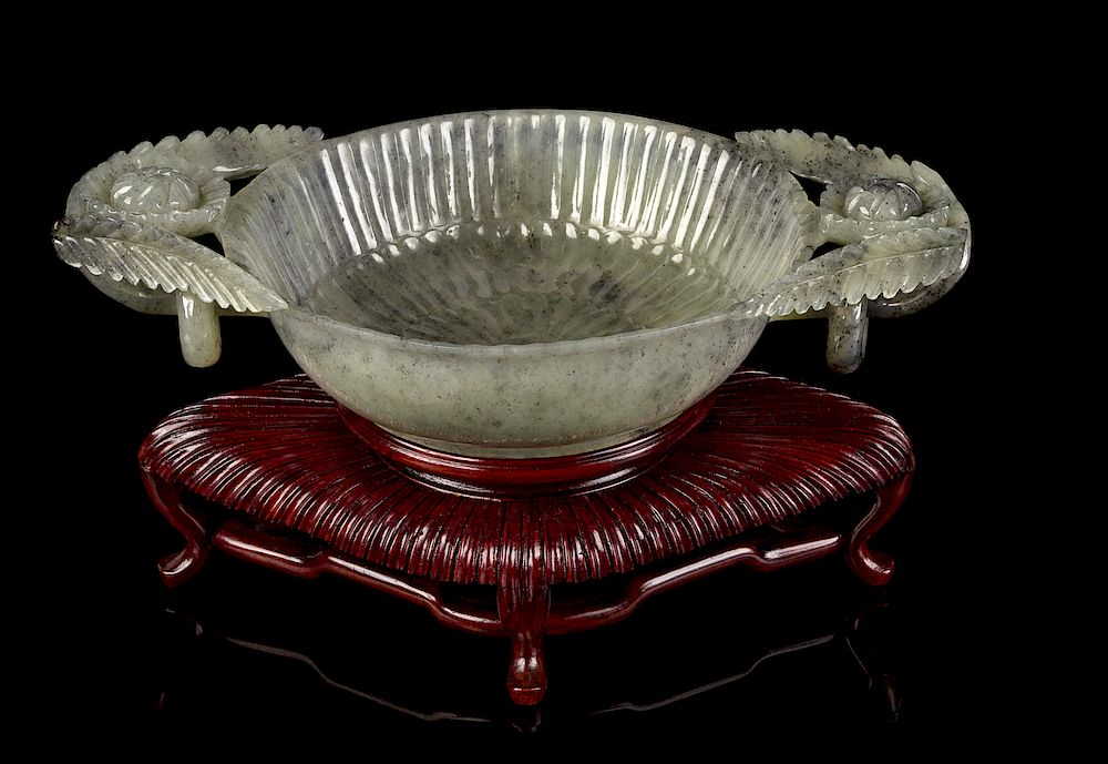 Appraisal: A Mughal-Style Grey and White Jade 'Chrysanthemum' Bowl Length in