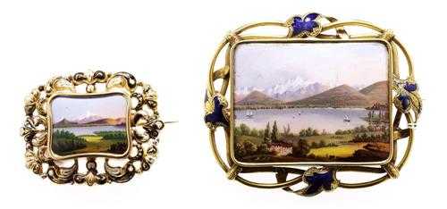 Appraisal: TWO ENAMEL MINIATURE BROOCHES Geneva ca Yellow gold Rectangular miniature