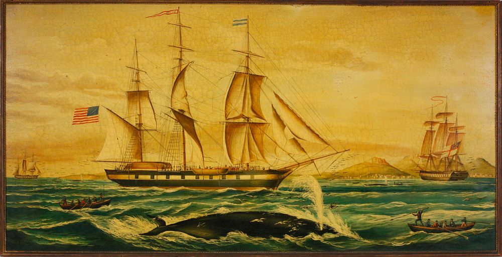 Appraisal: Vintage Oil on Panel Whaling Scene with Whale Ship and