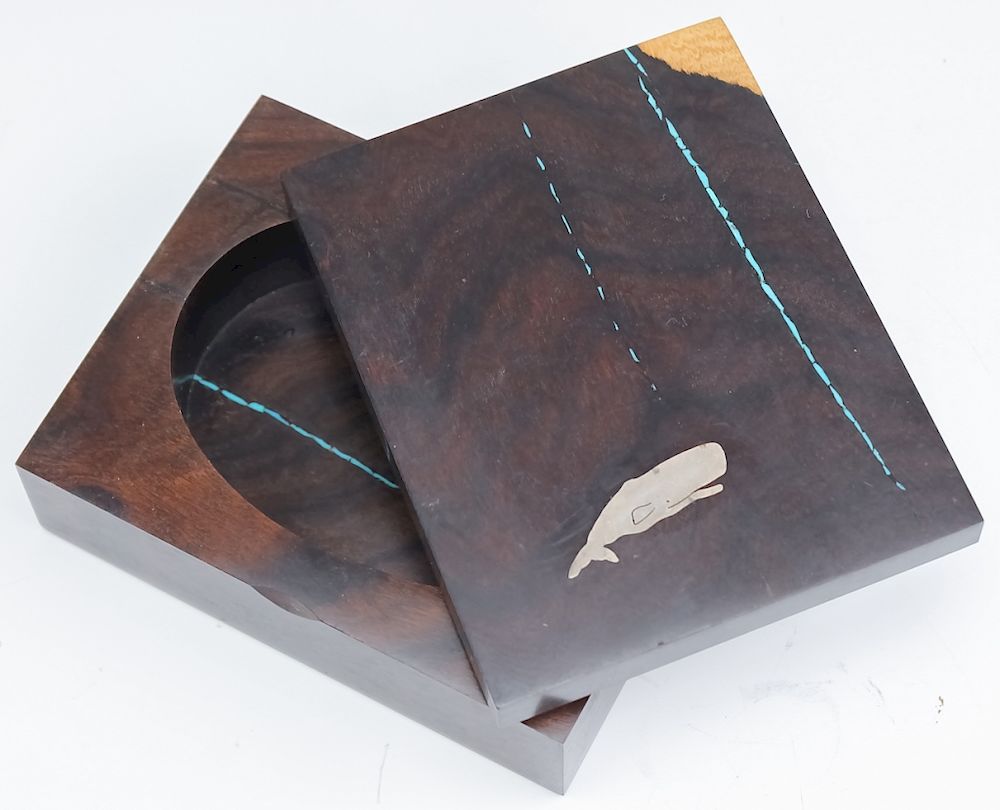 Appraisal: Larry Favorite Wood Box w Turquoise Iron Inlay Lawrence Favorite