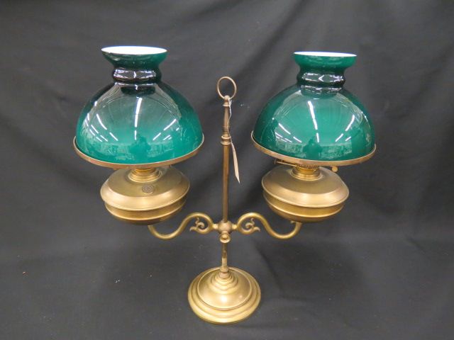 Appraisal: Student Lamp with Two Emeraldlite TypeShades English brass base kerosene