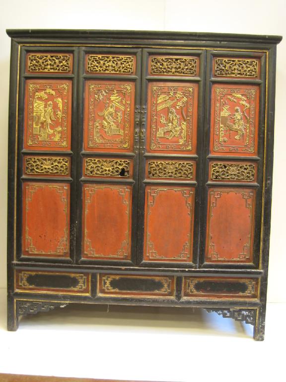 Appraisal: A th Century Chinese Cupboard two central doors with gilt