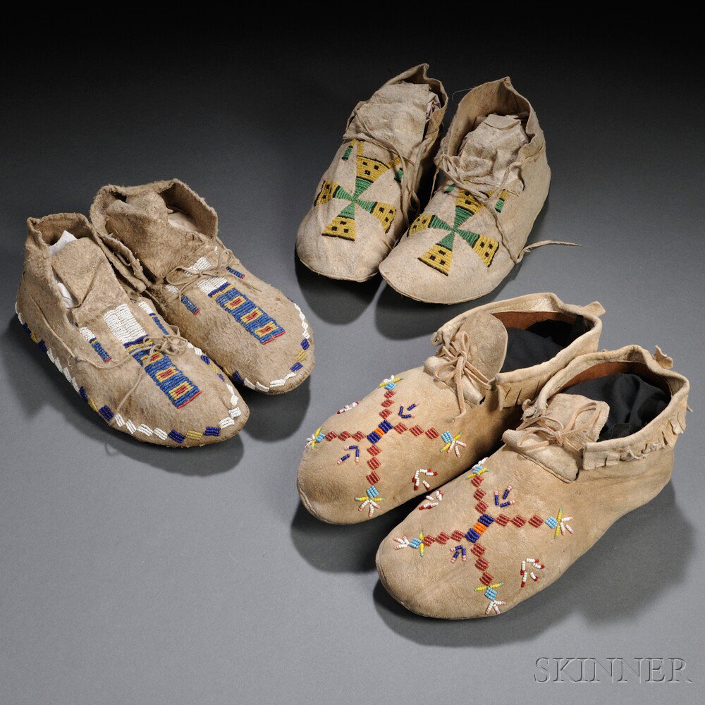 Appraisal: Three Pairs of Plains Partially Beaded Hide Moccasins lg to