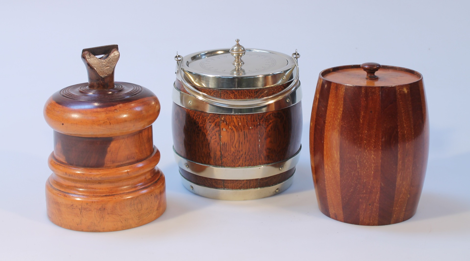 Appraisal: Various thC treen to include a marquetry biscuit barrel with