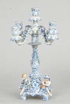 Appraisal: A Single Blue White Porcelain Candelabra with Cherubs A charming