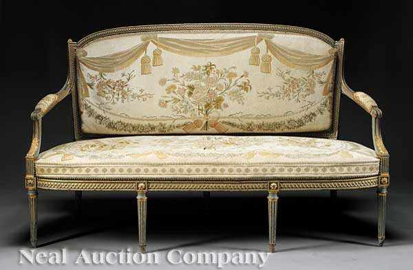 Appraisal: A Louis XVI-Style Painted and Needlepoint Settee bleu and parcel