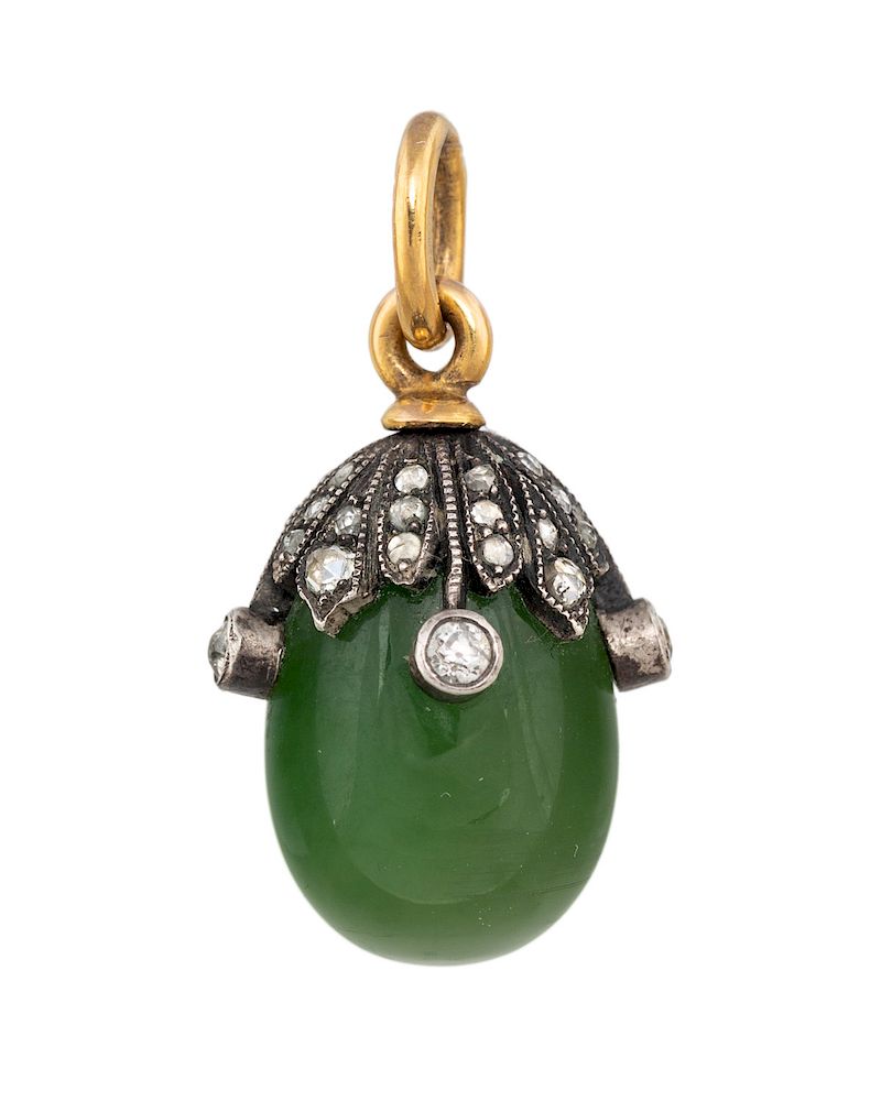 Appraisal: A RUSSIAN GOLD SILVER AND NEPHRITE EGG PENDANT WORKMASTER HENRIK