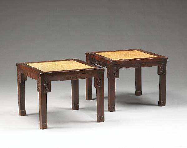 Appraisal: A pair mixed hardwood square matted stools Republic Period The