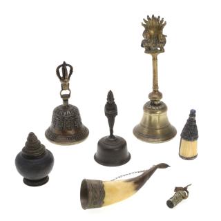 Appraisal: Himalayan bronze metal bells and vessels Himalayan bronze metal bells