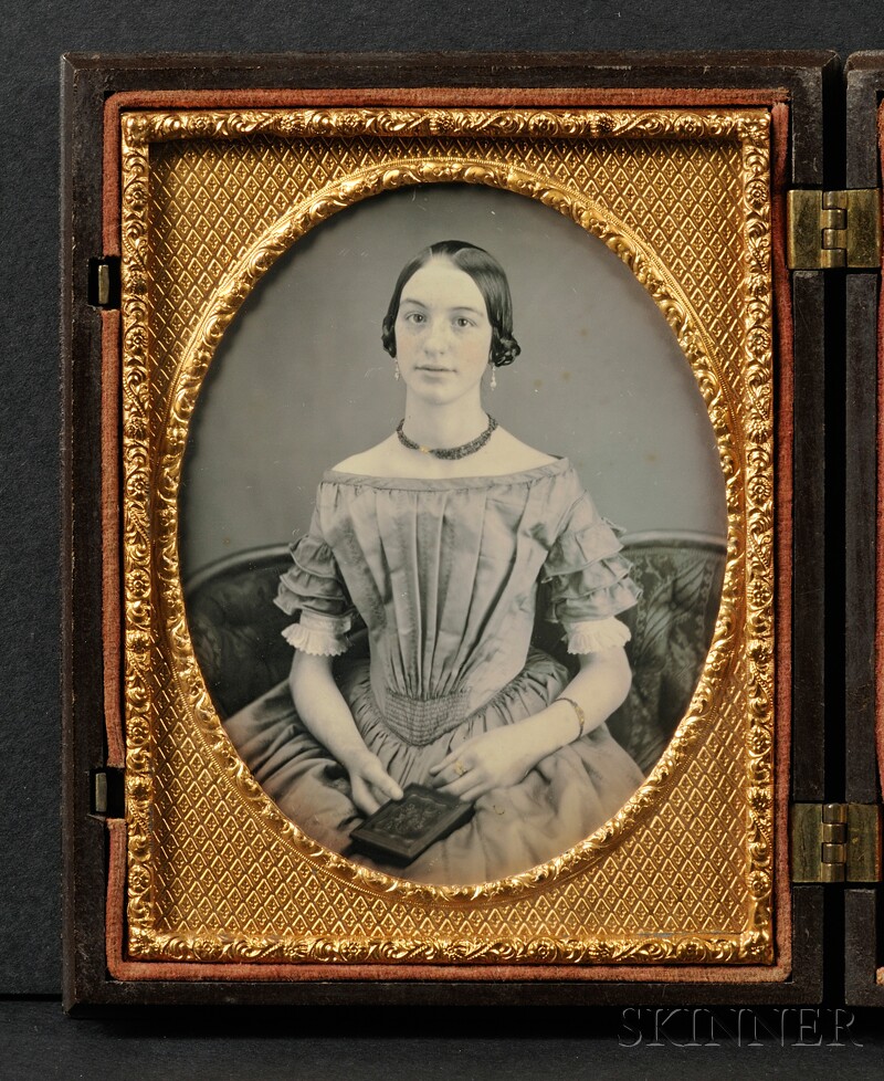 Appraisal: Quarter Plate Daguerreotype of a Young Woman Holding a Union