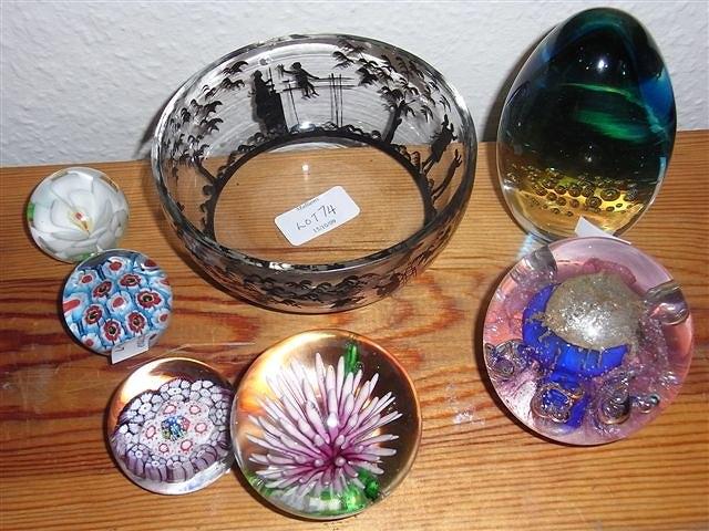 Appraisal: A 'S SILHOUETTE GLASS BOWL and six modern paperweights