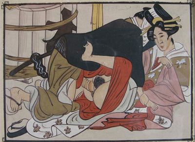 Appraisal: Erotic interest five Japanese miniature paintings in Shunga style of