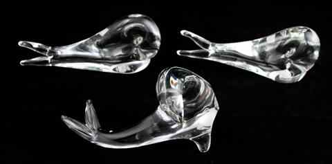 Appraisal: THREE STEUBEN GLASS ORNAMENTS including two models of whales and