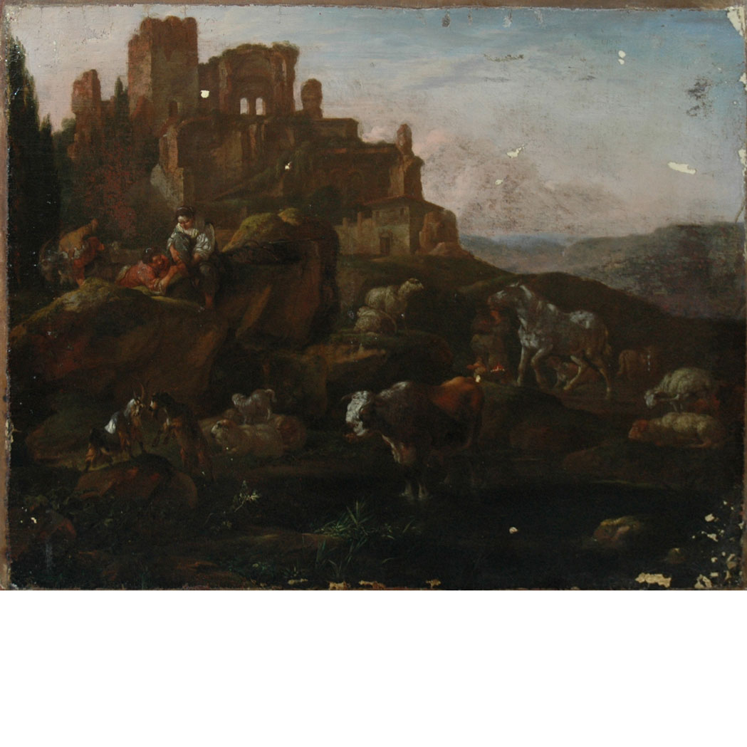 Appraisal: Dutch School th Century Figures and Livestock Near Ruins on