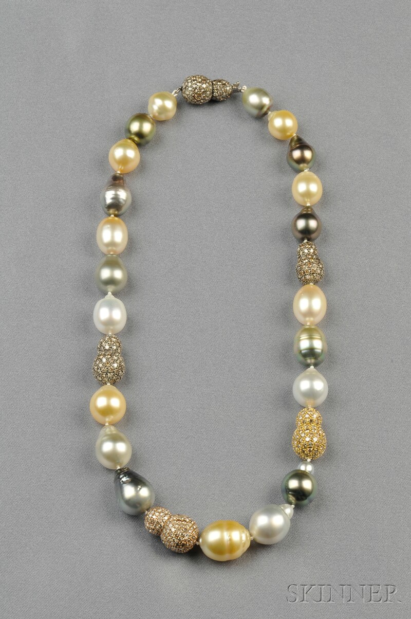 Appraisal: Multicolored Baroque Pearl and Colored Diamond Necklace composed of twenty-one