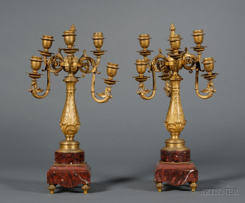 Appraisal: Pair of Louis XVI Style Bronze and Rouge Marble Six-light