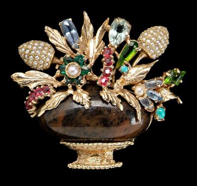 Appraisal: Multi-gemstone floral vase brooch mottled jasper cabochon quartz form vase