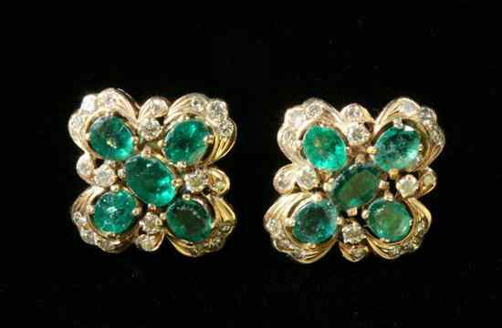 Appraisal: PAIR YELLOW GOLD EMERALD AND DIAMOND QUATREFOIL DESIGN EARRINGS Each