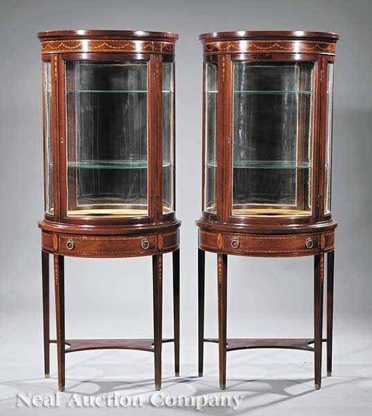 Appraisal: A Pair of Georgian-Style Inlaid Mahogany Demilune Vitrines in the