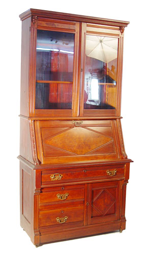 Appraisal: VICTORIAN WALNUT SECRETARY BOOKCASE Bookcase over slant front desk Full