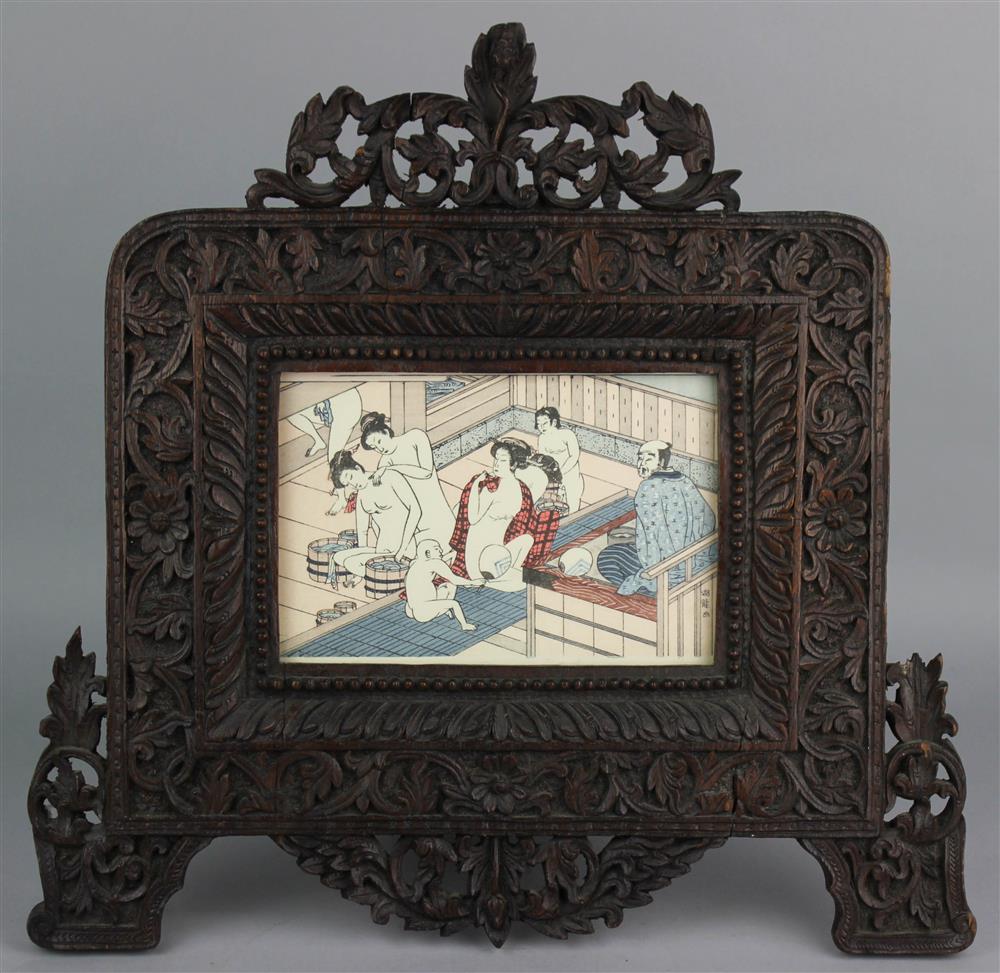 Appraisal: BURMESE CARVED WOOD PICTURE FRAME the softwood frame stained dark