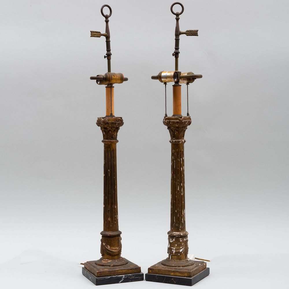 Appraisal: Pair of Giltwood Columnar Form Table Lamps x x in