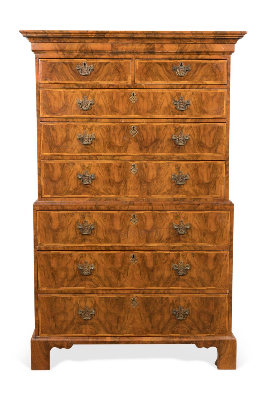 Appraisal: TH C BURLED WALNUT VENEER CHEST ON CHEST Burled walnut