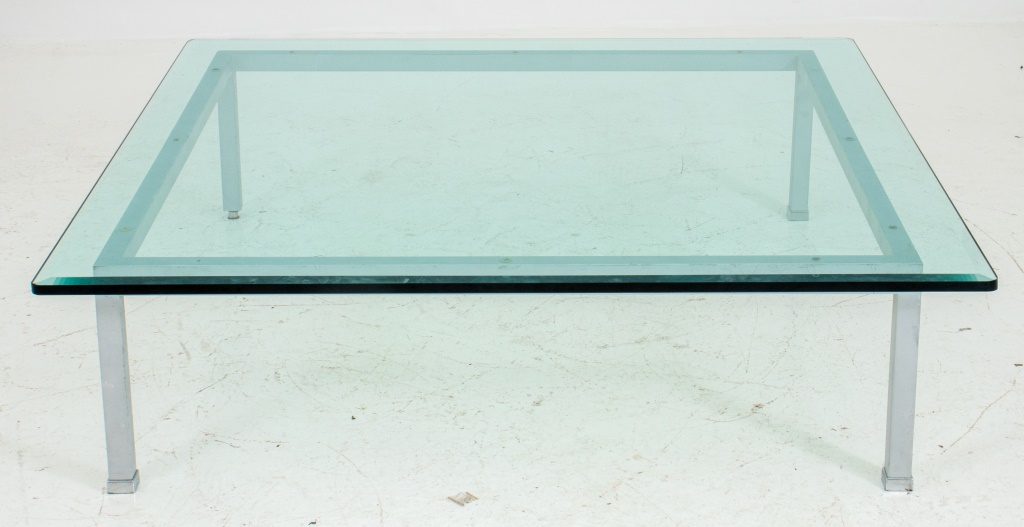 Appraisal: MODERNIST GLASS AND GRAY-COATED METAL LOW TABLE Modernist glass and